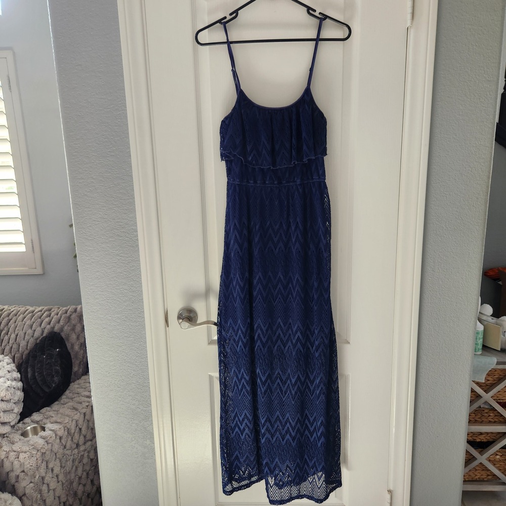AUW Navy Blue Chevron Crochet Lace Maxi Dress Ruffle Popover Boho Womens Medium